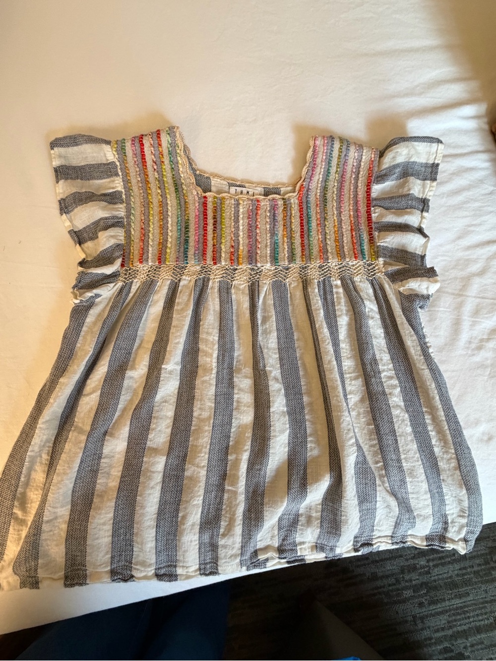 THML Size M Gray White Stripe Flutter Sleeve Embroidered Peplum Top